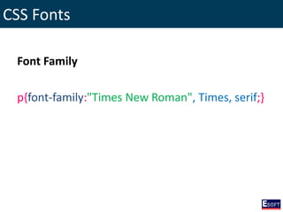CSS Fonts
Font Family
p{font-family:"Times New Roman", Times, serif;}
 