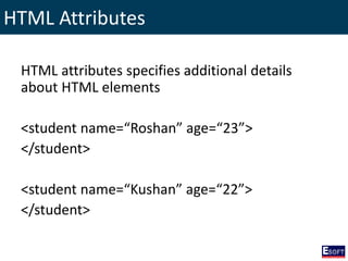 HTML Attributes
HTML attributes specifies additional details
about HTML elements
<student name=“Roshan” age=“23”>
</student>
<student name=“Kushan” age=“22”>
</student>
 