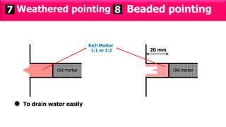 Weathered pointing7
Old mortar
Beaded pointing8
20 mm
Old mortar
Rich Mortar
1:1 or 1:2
To drain water easily
 