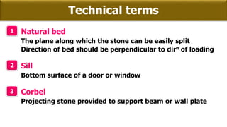 Technical terms
1 Natural bed
The plane along which the stone can be easily split
Direction of bed should be perpendicular to dirn of loading
2 Sill
Bottom surface of a door or window
3 Corbel
Projecting stone provided to support beam or wall plate
 