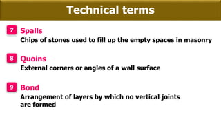 Technical terms
7 Spalls
Chips of stones used to fill up the empty spaces in masonry
8 Quoins
External corners or angles of a wall surface
9 Bond
Arrangement of layers by which no vertical joints
are formed
 