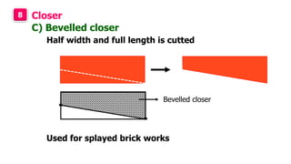 8 Closer
Half width and full length is cutted
C) Bevelled closer
Bevelled closer
Used for splayed brick works
 