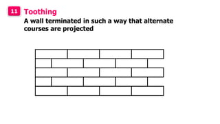 11 Toothing
A wall terminated in such a way that alternate
courses are projected
 