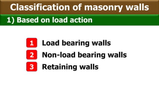 Classification of masonry walls
1 Load bearing walls
2 Non-load bearing walls
3 Retaining walls
1) Based on load action
 