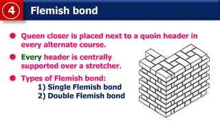 Queen closer is placed next to a quoin header in
every alternate course.
Every header is centrally
supported over a stretcher.
Types of Flemish bond:
1) Single Flemish bond
2) Double Flemish bond
Flemish bond4
 
