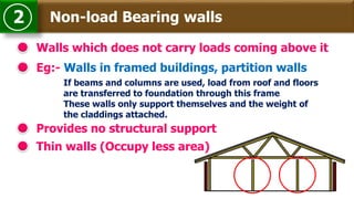 Non-load Bearing walls2
Walls which does not carry loads coming above it
If beams and columns are used, load from roof and floors
are transferred to foundation through this frame
These walls only support themselves and the weight of
the claddings attached.
Eg:- Walls in framed buildings, partition walls
Provides no structural support
Thin walls (Occupy less area)
 