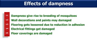 8 Dampness give rise to breeding of mosquitoes11
Effects of dampness
8 Wall decorations and paints may damaged12
8 Flooring gets loosened due to reduction in adhesion13
8 Electrical fittings get damaged14
8 Floor coverings are damaged15
 