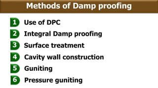 Use of DPC
Integral Damp proofing
Surface treatment
1
2
3
Cavity wall construction
Guniting
Pressure guniting
4
5
6
Methods of Damp proofing
 