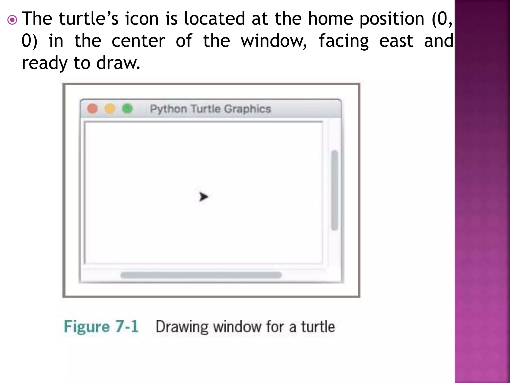  The turtle’s icon is located at the home position (0,
0) in the center of the window, facing east and
ready to draw.
 