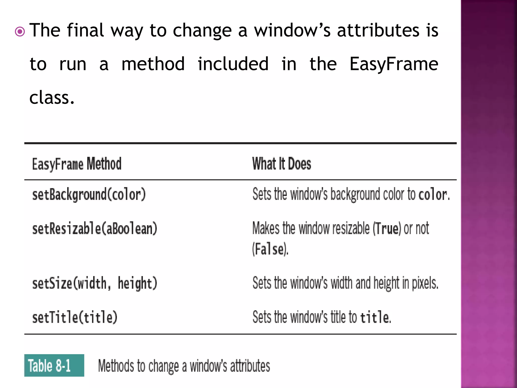  The final way to change a window’s attributes is
to run a method included in the EasyFrame
class.
 