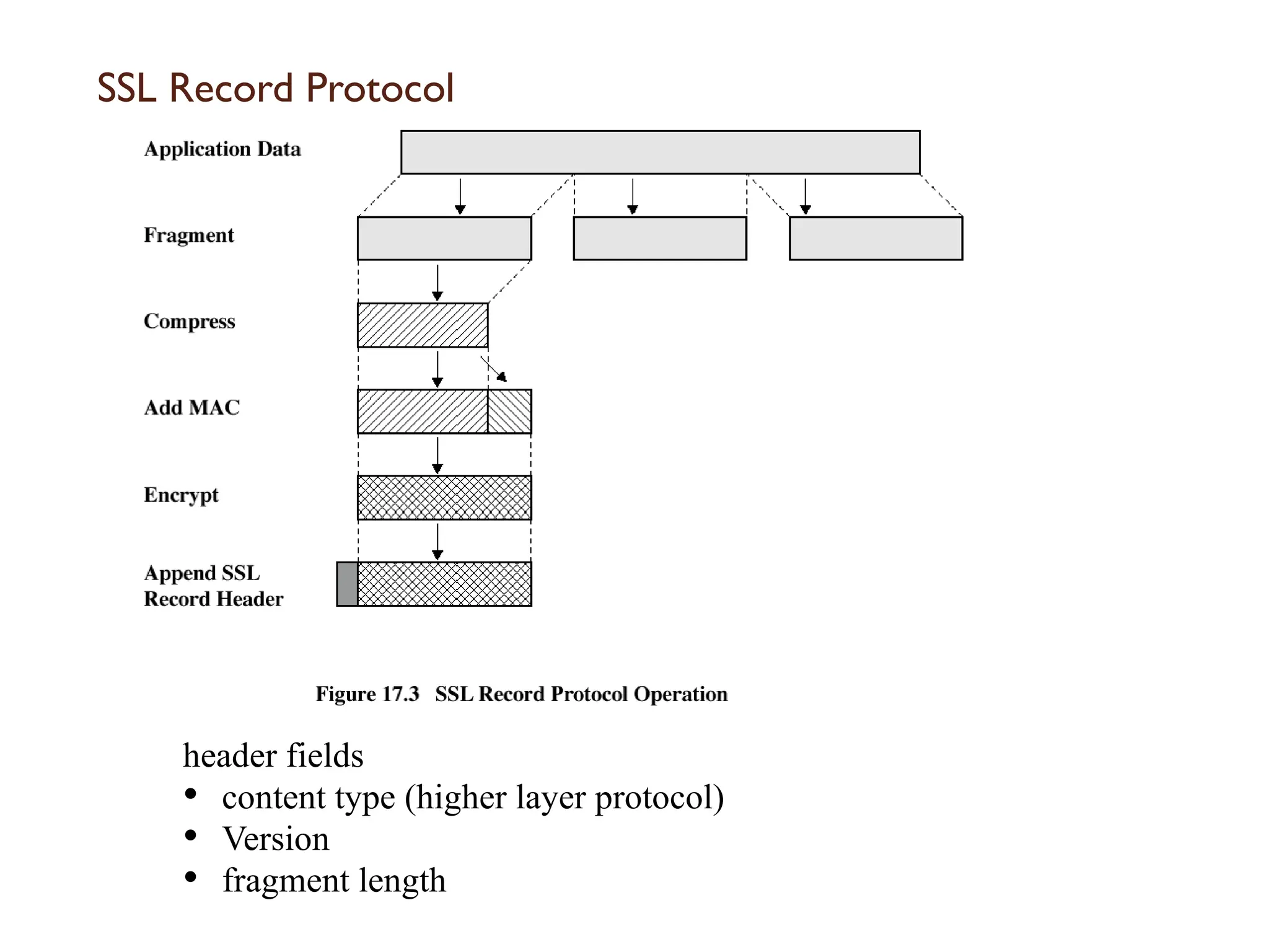 SSL Record Protocol
header fields
 content type (higher layer protocol)
 Version
 fragment length
 