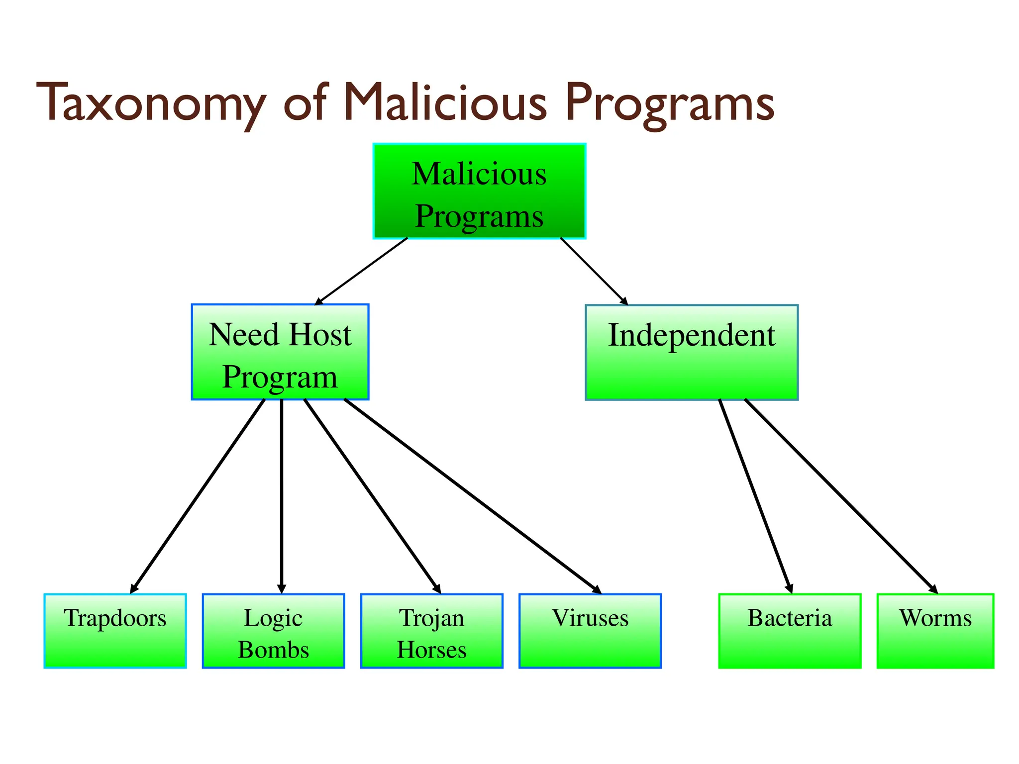 Taxonomy of Malicious Programs
Need Host
Program
Independent
Trapdoors Logic
Bombs
Trojan
Horses
Viruses Bacteria Worms
Malicious
Programs
16
 