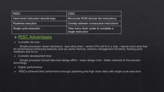 RISC CISC
Hard-wired instruction decode logic Microcode ROM decode the instructions
Pipelined execution Overlap between consecutive instructions
Single cycle execution Take many clock cycles to complete a
single instruction
 