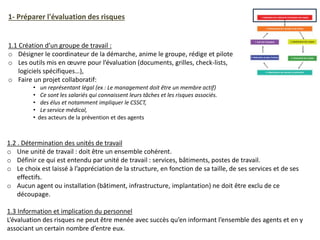 1.1 Création d’un groupe de travail :
o Désigner le coordinateur de la démarche, anime le groupe, rédige et pilote
o Les outils mis en œuvre pour l’évaluation (documents, grilles, check-lists,
logiciels spécifiques…),
o Faire un projet collaboratif:
• un représentant légal (ex : Le management doit être un membre actif)
• Ce sont les salariés qui connaissent leurs tâches et les risques associés.
• des élus et notamment impliquer le CSSCT,
• Le service médical,
• des acteurs de la prévention et des agents
1.2 . Détermination des unités de travail
o Une unité de travail : doit être un ensemble cohérent.
o Définir ce qui est entendu par unité de travail : services, bâtiments, postes de travail.
o Le choix est laissé à l’appréciation de la structure, en fonction de sa taille, de ses services et de ses
effectifs.
o Aucun agent ou installation (bâtiment, infrastructure, implantation) ne doit être exclu de ce
découpage.
1.3 Information et implication du personnel
L’évaluation des risques ne peut être menée avec succès qu’en informant l’ensemble des agents et en y
associant un certain nombre d’entre eux.
1- Préparer l'évaluation des risques
 