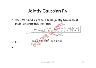 Jointly Gaussian RV
• The RVs X and Y are said to be jointly Gaussian, if
their joint PDF has the form
 
 
2
2
2
2
2
2
1
1
,
2
1
1
2
,
12
2
12
1
exp
,
YX
YX
XY
mymymxmx
yxf


























 





 





 





 



• for
•
2
,21 12 YX 
 yandx
105Vijaya Laxmi, Dept. of EEE
 