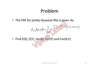Problem
• The PDF for jointly Gaussian RVs is given by
 








16168
3
8
3
16
3
4
2
1
,
22
2
1
,
yx
xy
yx
YX eyxf

• Find E[X], E[Y], Var(X), Var(Y) and Cov(X,Y)
106Vijaya Laxmi, Dept. of EEE
 