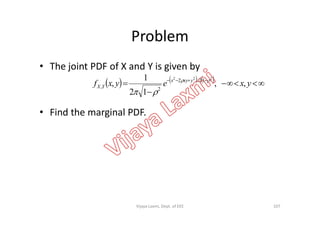 Problem
• The joint PDF of X and Y is given by
• Find the marginal PDF.
      

 
yxeyxf yxyx
YX ,,
12
1
,
222
12/2
2,


• Find the marginal PDF.
107Vijaya Laxmi, Dept. of EEE
 