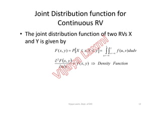 Joint Distribution function for
Continuous RV
• The joint distribution function of two RVs X
and Y is given by
 
 
dudvvufyYxXPyxF
x
u
y
v
 

),(,),(
  FunctionDensityyxf
yx
yxF



),(
,2
13Vijaya Laxmi, Dept. of EEE
 