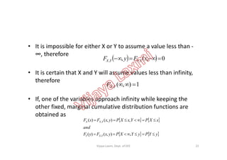 • It is impossible for either X or Y to assume a value less than -
∞, therefore
• It is certain that X and Y will assume values less than infinity,
therefore
    0,, ,,  xFyF YXYX
therefore
• If, one of the variables approach infinity while keeping the
other fixed, marginal cumulative distribution functions are
obtained as
1),(, YXF
   
   yYPyYXPyxFyF
and
xXPYxXPyxFxF
YXY
YXX


,),()(
,),()(
,
,
22Vijaya Laxmi, Dept. of EEE
 