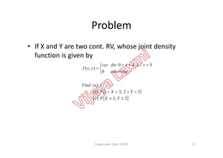 Problem
• If X and Y are two cont. RV, whose joint density
function is given by
0
51,40
),(


 

otherwise
yxforcxy
yxf
 
 2,3)(
32,21)(
)(


YXPc
YXPb
caFind
31Vijaya Laxmi, Dept. of EEE
 