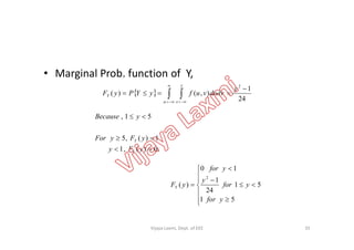 • Marginal Prob. function of Y,
   

 


u
y
v
Y
y
dudvvufyYPyF
24
1
),()(
2
51,  yBecause
35
.0)(,1
1)(,5


yFy
yFyFor
Y
Y












51
51
24
1
10
)(
2
yfor
yfor
y
yfor
yFY
Vijaya Laxmi, Dept. of EEE
 
