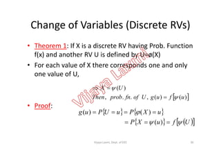 Change of Variables (Discrete RVs)
• Theorem 1: If X is a discrete RV having Prob. Function
f(x) and another RV U is defined by U=ø(X)
• For each value of X there corresponds one and only
one value of U,one value of U,
• Proof:
 )()(,..,
)(
ufugUoffnprobThen
UX




   
    UfuXP
uXPuUPug




)(
)()(
36Vijaya Laxmi, Dept. of EEE
 