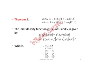 • Theorem 2:
• The joint density function g(u,v) of U and V is given
by
   
   VUYVUXwhere
YXVYXUDefine
,,,,
,,,
21
21




by
• Where,
    Jvuvufvug
dxdyyxfdudvvug
,,,),(
),(),(
21 

 
 
v
y
u
y
v
x
u
x
vu
yx
J












,
,
41Vijaya Laxmi, Dept. of EEE
 