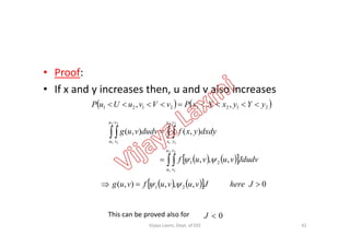 • Proof:
• If x and y increases then, u and v also increases
   21212121 ,, yYyxXxPvVvuUuP 
2 22 2 x yu v
This can be proved also for 0J
42
    
 


2
1
2
1
2
1
2
1
2
1
2
1
,,,
),(),(
21
u
u
v
v
x
x
y
y
u
u
v
v
Jdudvvuvuf
dxdyyxfdudvvug

     0,,,),( 21  JhereJvuvufvug 
Vijaya Laxmi, Dept. of EEE
 
