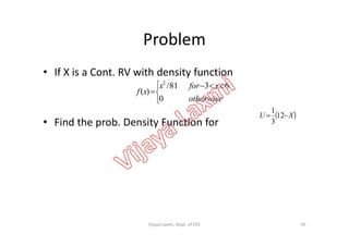 Problem
• If X is a Cont. RV with density function
• Find the prob. Density Function for


 

otherwise
xforx
xf
0
6381/
)(
2
 XU  12
3
1
• Find the prob. Density Function for 3
45Vijaya Laxmi, Dept. of EEE
 