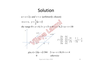 Solution
 
102,4051,40
2
1
,
)(2



vuvyxrangethe
vuyvx
chosenyarbitrarilxvandyxu
v
u-v=2
u
u-v=2
u-v=10
v=4
v=0 102
I
II
III
2
1
2
1
2
1
10












v
y
u
y
v
x
u
x
J
 
otherwise
vvuvuvvug
0
40,102384/),( 
48Vijaya Laxmi, Dept. of EEE
 