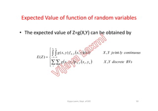 Expected Value of function of random variables
• The expected value of Z=g(X,Y) can be obtained by
 



 
 
continuouslyjoYXdxdyyxfyxg
ZE
YX int,,),(
)(
,
   






  
RVsdiscreteYXyxpyxg
ZE
i
niYX
n
ni ,,,
)(
,
50Vijaya Laxmi, Dept. of EEE
 