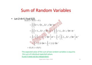 Sum of Random Variables
• Let Z=X+Y, Find E(Z)
    






''','''
)()(
, dydxyxfyx
YXEZE
YX
     








 ''',''''','' ,, dydxyxfydydxyxfx YXYX
The expected value of the sum of two random variables is equal to
the sum of individual expected values.
X and Y need not be independent.
51
     
  








  













 ''',''''','' ,, dydxyxfydxdyyxfx YXYX
   
)()(
''''''
YEXE
dyyfydxxfx YX

 




Vijaya Laxmi, Dept. of EEE
 