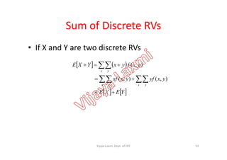 Sum of Discrete RVs
• If X and Y are two discrete RVs
   
yxyfyxxf
yxfyxYXE
x y




),(),(
),(
   YEXE
yxyfyxxf
x yx y

  ),(),(
53Vijaya Laxmi, Dept. of EEE
 