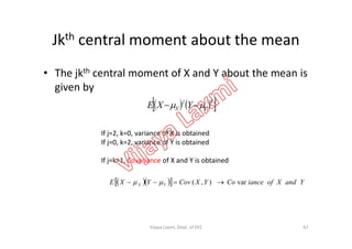 Jkth central moment about the mean
• The jkth central moment of X and Y about the mean is
given by
    k
Y
j
X YXE  
If j=2, k=0, variance of X is obtained
If j=0, k=2, variance of Y is obtained
If j=k=1, Covariance of X and Y is obtained
    YandXofianceCoYXCovYXE YX var),(  
67Vijaya Laxmi, Dept. of EEE
 