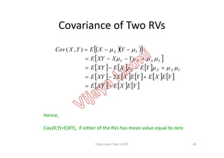 Covariance of Two RVs
   
 
     
         YEXEYEXEXYE
YEXEXYE
YXXYE
YXEYXCov
YXXY
YXXY
YX




2
),(



         
     YEXEXYE
YEXEYEXEXYE

 2
Hence,
Cov(X,Y)=E[XY], if either of the RVs has mean value equal to zero
68Vijaya Laxmi, Dept. of EEE
 
