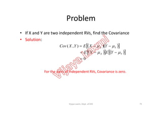 Problem
• If X and Y are two independent RVs, find the Covariance
• Solution:
   
     
0
),(



YX
YX
YEXE
YXEYXCov


0
For the pairs of independent RVs, Covariance is zero.
75Vijaya Laxmi, Dept. of EEE
 