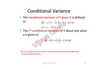 Conditional Variance
• The conditional variance of Y given X is defined
as
• The rth conditional moment of Y about any value
a is given as
      
 xXYEwhere
ydxyfyxXYE

 


2
2
2
2
2


a is given as
      


 dyxyfayxXaYE
rr
The usual theorems for variance and moments extend to conditional
variance and moments.
96Vijaya Laxmi, Dept. of EEE
 