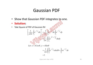 Gaussian PDF
• Show that Gaussian PDF integrates to one.
• Solution:
• Take Square of PDF of Gaussian RV











dyedxedxe
yxx
22
2
2
222
11

 
 












dxdye
dyedxedxe
yx
2
22
2
1
22


98
1
2
1
,
0
2
0
2
0
2
22



 




drrerdrde
rSinyrCosxLet
rr




Vijaya Laxmi, Dept. of EEE
 