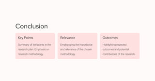 Conclusion
Key Points
Summary of key points in the
research plan. Emphasis on
research methodology.
Relevance
Emphasizing the importance
and relevance of the chosen
methodology.
Outcomes
Highlighting expected
outcomes and potential
contributions of the research.
 