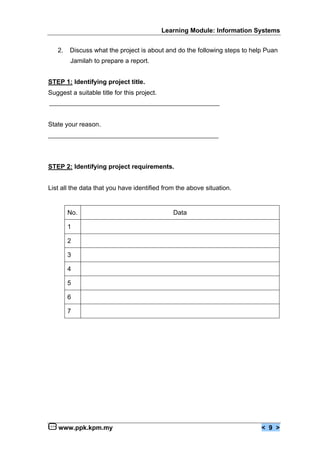 Learning Module: Information Systems


   2.   Discuss what the project is about and do the following steps to help Puan
        Jamilah to prepare a report.


STEP 1: Identifying project title.
Suggest a suitable title for this project.



State your reason.




STEP 2: Identifying project requirements.


List all the data that you have identified from the above situation.


        No.                                     Data

        1

        2

        3

        4

        5

        6

        7




   www.ppk.kpm.my                                                          < 9 >
 