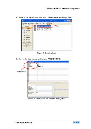 Learning Module: Information Systems



4. Click at the Tables tab, then select Create table in Design view.




                         Figure 4: Creating table


5. Key in the field names for the table FRIEND_INFO.




Field names




              Figure 5: Field names for table FRIEND_INFO




 www.ppk.kpm.my                                                        < 18 >
 