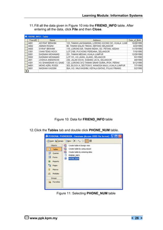 Learning Module: Information Systems


11. Fill all the data given in Figure 10 into the FRIEND_INFO table. After
    entering all the data, click File and then Close.




                 Figure 10: Data for FRIEND_INFO table


12. Click the Tables tab and double click PHONE_NUM table.




                   Figure 11: Selecting PHONE_NUM table




www.ppk.kpm.my                                                          < 26 >
 