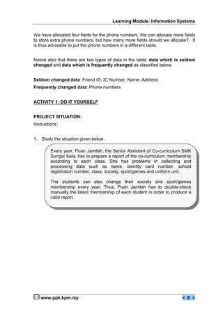 Learning Module: Information Systems


We have allocated four fields for the phone numbers. We can allocate more fields
to store extra phone numbers, but how many more fields should we allocate?. It
is thus advisable to put the phone numbers in a different table.


Notice also that there are two types of data in the table: data which is seldom
changed and data which is frequently changed as classified below:


Seldom changed data: Friend ID, IC Number, Name, Address
Frequently changed data: Phone numbers


ACTIVITY 1: DO IT YOURSELF


PROJECT SITUATION:
Instructions:


1. Study the situation given below.

         Every year, Puan Jamilah, the Senior Assistant of Co-curriculum SMK
         Sungai Sala, has to prepare a report of the co-curriculum membership
         according to each class. She has problems in collecting and
         processing data such as name, identity card number, school
         registration number, class, society, sport/games and uniform unit.

         The students can also change their society and sport/games
         membership every year. Thus, Puan Jamilah has to double-check
         manually the latest membership of each student in order to produce a
         valid report.




   www.ppk.kpm.my                                                        < 8 >
 