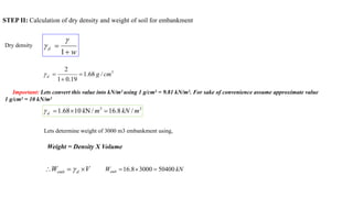 STEP II: Calculation of dry density and weight of soil for embankment
w
d


1


Dry density
3
/
68
.
1
19
.
0
1
2
cm
g
d 



Important: Lets convert this value into kN/m3 using 1 g/cm3 = 9.81 kN/m3. For sake of convenience assume approximate value
1 g/cm3 = 10 kN/m3
3
3
/
8
.
16
/
N
10
68
.
1 m
kN
m
k
d 



Lets determine weight of 3000 m3 embankment using,
Weight = Density X Volume
V
W d
emb 

  kN
Wemb 50400
3000
8
.
16 


 