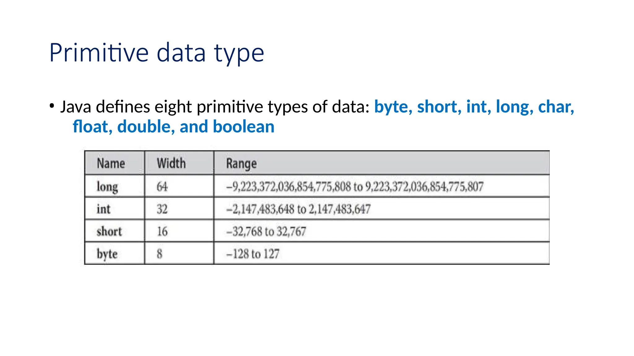 Primitive data type • Java defines eight primitive types of data: byte, short, int, long, char, float, double, and boolean 