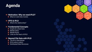 Agenda
➔ Motivation: Why we need IPLD?
◆ What is it and why it exists
➔ IPFS & IPLD
◆ What’s the relationship?
➔ Fundamental Concepts
◆ Graphs & Linked Data
◆ Merkle DAGs
◆ Merkle Roots
◆ Links as the heart of IPLD
➔ Beyond File Data with IPLD
◆ The IPLD Data Model
◆ IPLD-native codecs
◆ Distributed Data Structures
 