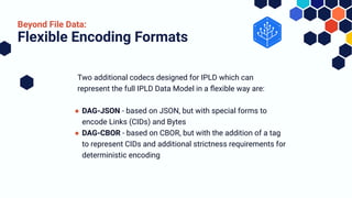 Two additional codecs designed for IPLD which can
represent the full IPLD Data Model in a ﬂexible way are:
● DAG-JSON - based on JSON, but with special forms to
encode Links (CIDs) and Bytes
● DAG-CBOR - based on CBOR, but with the addition of a tag
to represent CIDs and additional strictness requirements for
deterministic encoding
Flexible Encoding Formats
Beyond File Data:
 