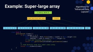 Example: Super-large array Algorithms for
“Advanced Data
Layouts”
[ L2.1, L2.2 ]
[ L1.6 ]
[ L1.1, L1.2, L1.3, L1.4, L1.5 ]
[ e6, e7, e8, e9, e10] [ e11, e12, e13, e14, e15] [ e21, e22, e23, e24, e25 ] [ e26 ]
[ e16, e17, e18, e19, e20]
class Node {
getElementAt (index) {
if (this.height > 1) {
const childIndex = Math.floor(index / (width ** (this.height-1)))
const newIndex = index % (width ** (this.height-1))
// load and traverse into a child
return this.getChildAt(childIndex).getElementAt(index)
}
// read directly from this node's data array
return this.elements[index]
}
}
[ e1, e2, e3, e4, e5 ]
 