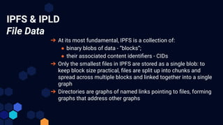 IPFS & IPLD
File Data
➔ At its most fundamental, IPFS is a collection of:
● binary blobs of data - “blocks”;
● their associated content identiﬁers - CIDs
➔ Only the smallest ﬁles in IPFS are stored as a single blob: to
keep block size practical, ﬁles are split up into chunks and
spread across multiple blocks and linked together into a single
graph
➔ Directories are graphs of named links pointing to ﬁles, forming
graphs that address other graphs
 
