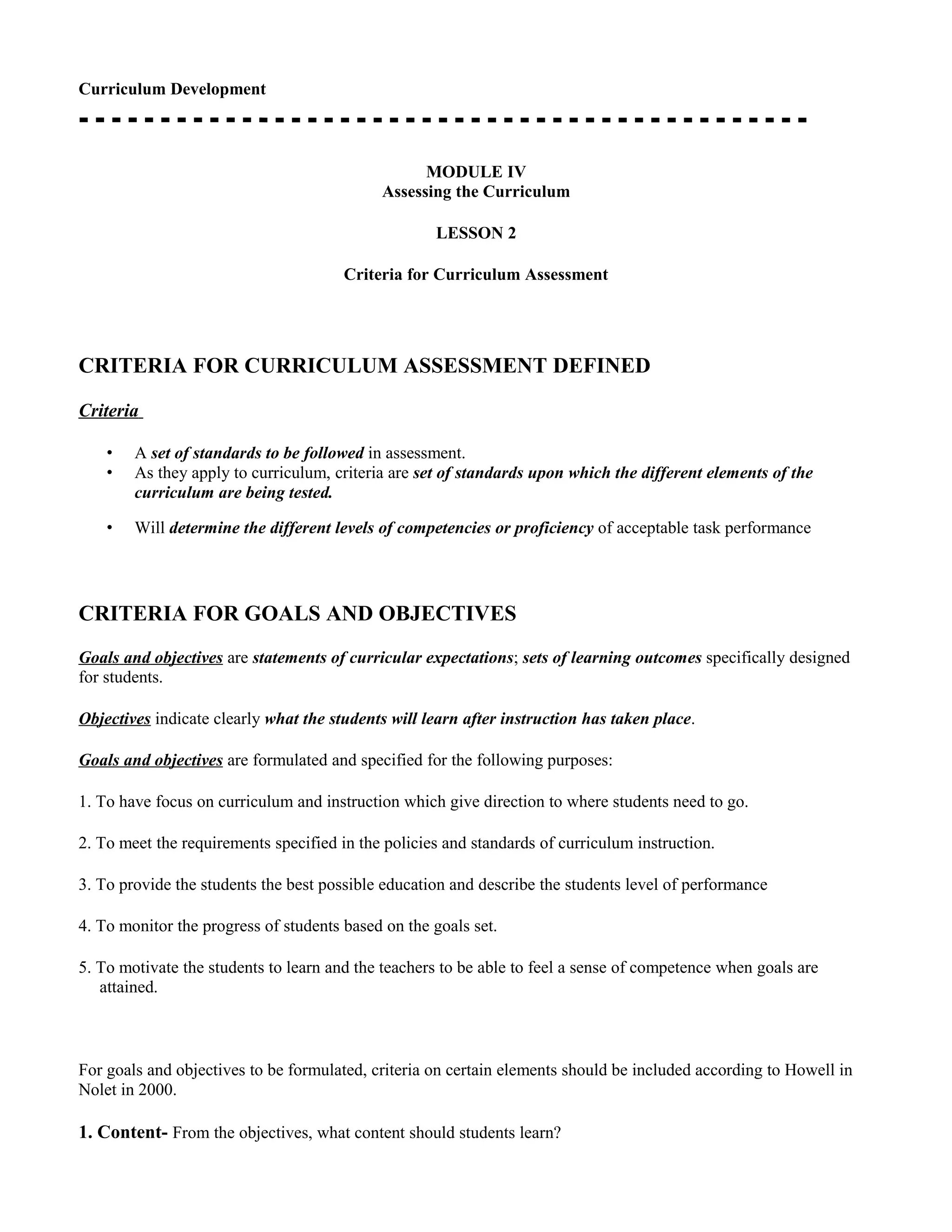 Curriculum Development: Criteria for Curriculum Assessment_Hand-out | DOC